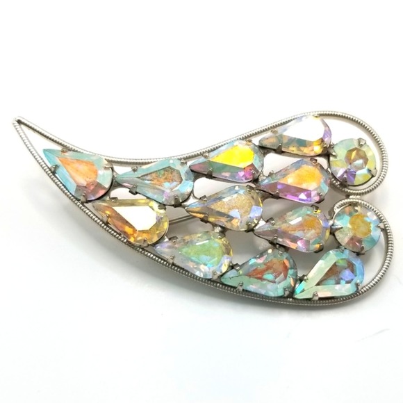 VTG b. david Signed Heart Shaped Silver-tone Brooch Pin Aurora Borealis Stones - Picture 2 of 8